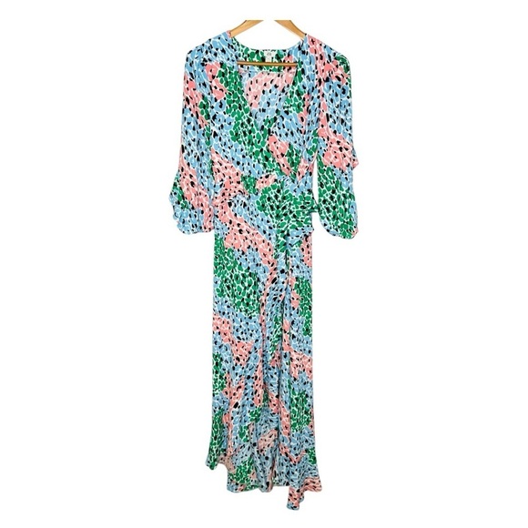 River Island Ruffled Abstract-Print Pastel High-Low V-Neck Wrap Dress. Size 12. - Picture 1 of 14